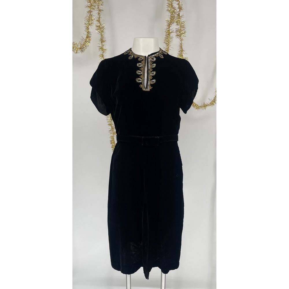 1940s Silk Velvet Black Dress XS Sequin Neckline Four Star Fashions Vintage